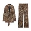 With Belt Retro Leopard Print Blazers 8640156 Vacation Animal Print Casual Pants 8567156