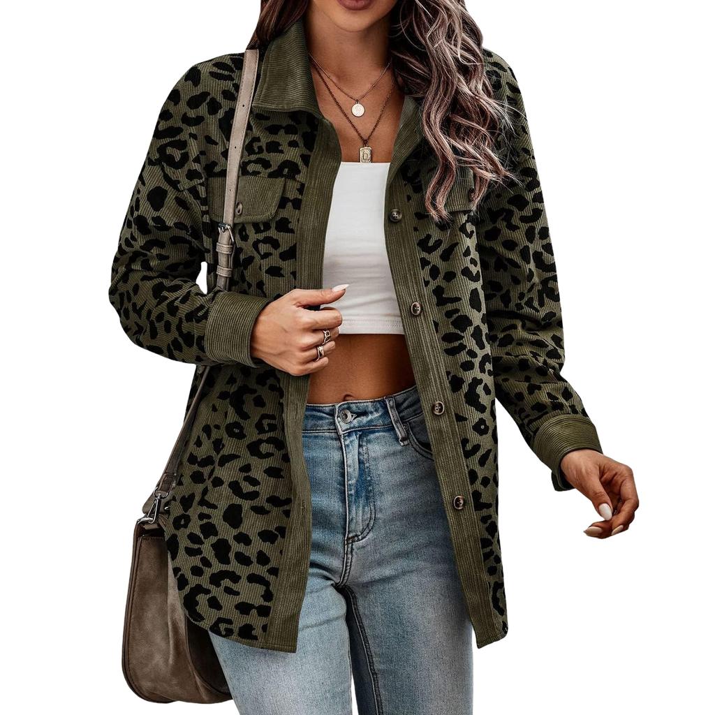 Women's Leopard Print Cardigan Jacket with Button Front and Lapel Collar, Loose Fit Long Sleeve