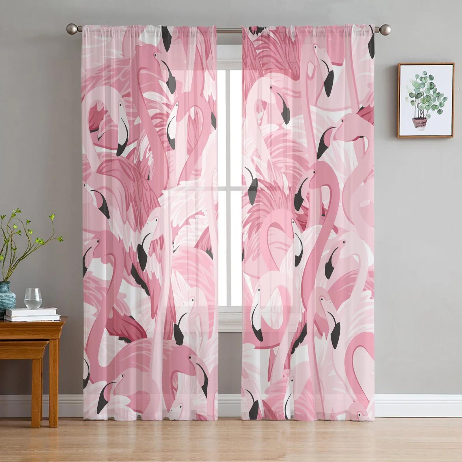 

Прозрачные шторы с розовым фламинго в скандинавском стиле, тюлевые шторы для гостиной, окна, спальни, кухни, украшения дома, вуаль, шторы W135 x H115cm x1&Grommet Top