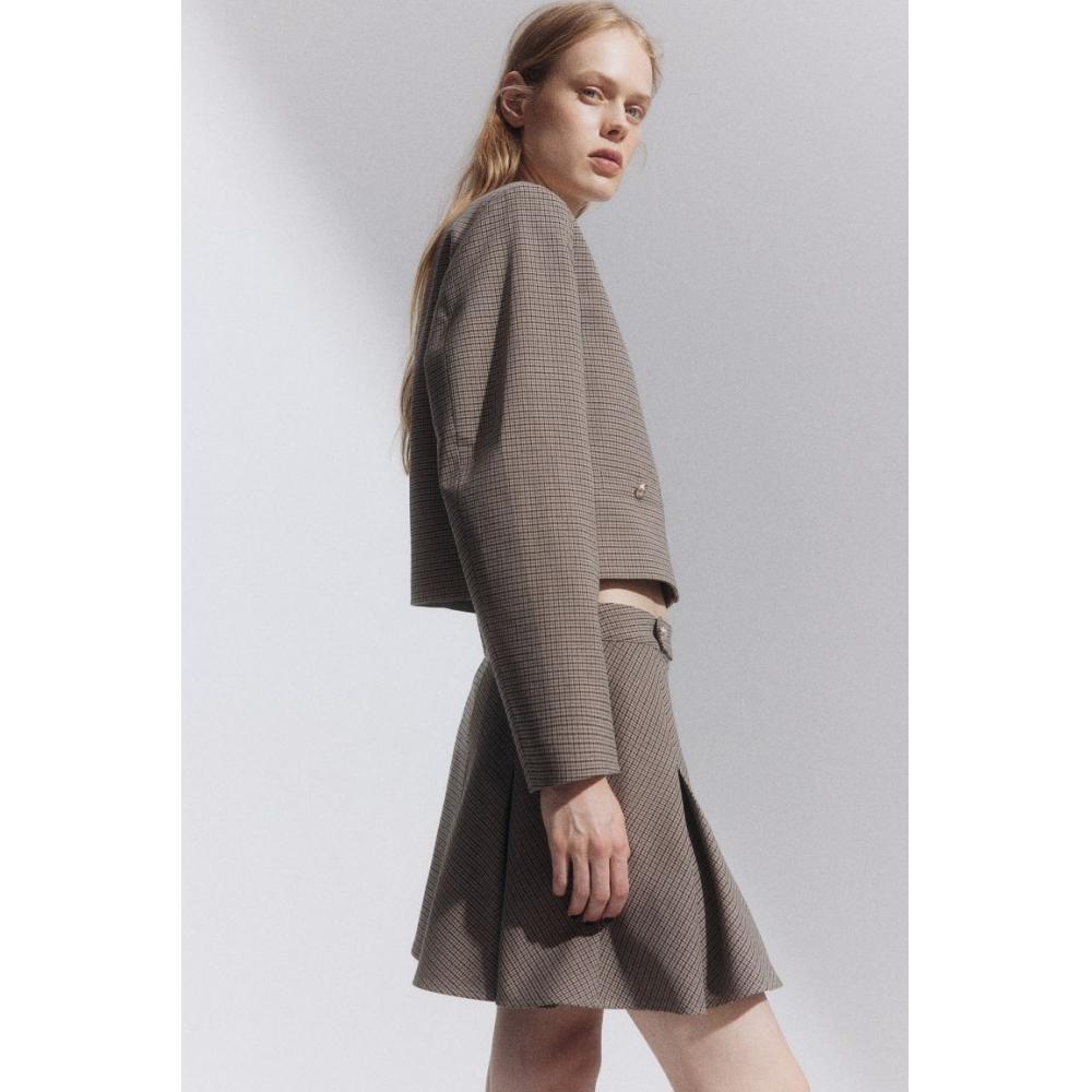 

H M Pleated Mini Skirt Beige cHeck