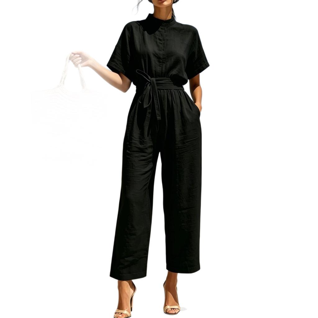 Europe and America 2026 summer semi-turtleneck jumpsuit women's loose wide-leg casual fashion solid color suit
