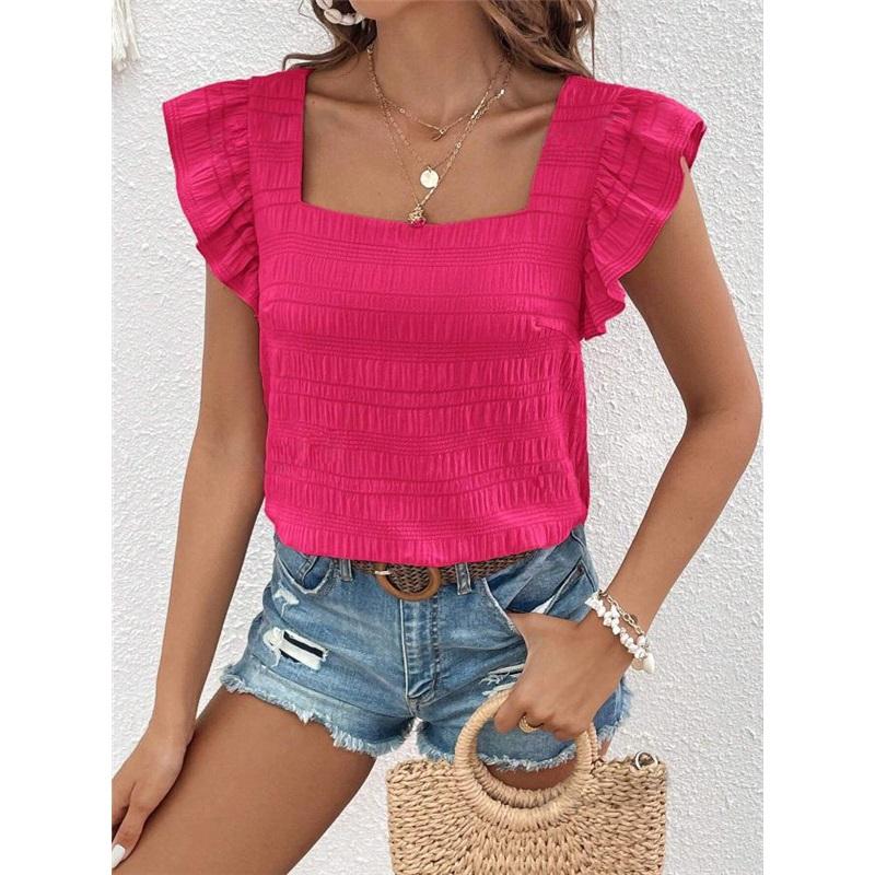   Women's Square Neck Ruffle Sleeve Crop Top Textured Casual Summer Tops