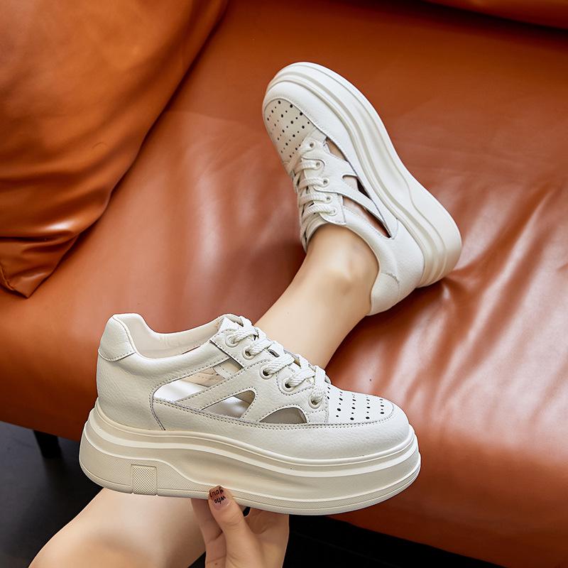 Women's Summer 2025 Platform Sandals - Thick Sole, Height-Increasing, Hollow Design, Petite, White.