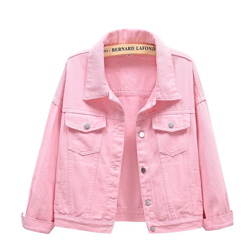 Damen Rosa Frühling Locker Geschnittene Jeansjacke - Kurz, Langärmlig, Übergröße, Lässiger Koreanischer Stil