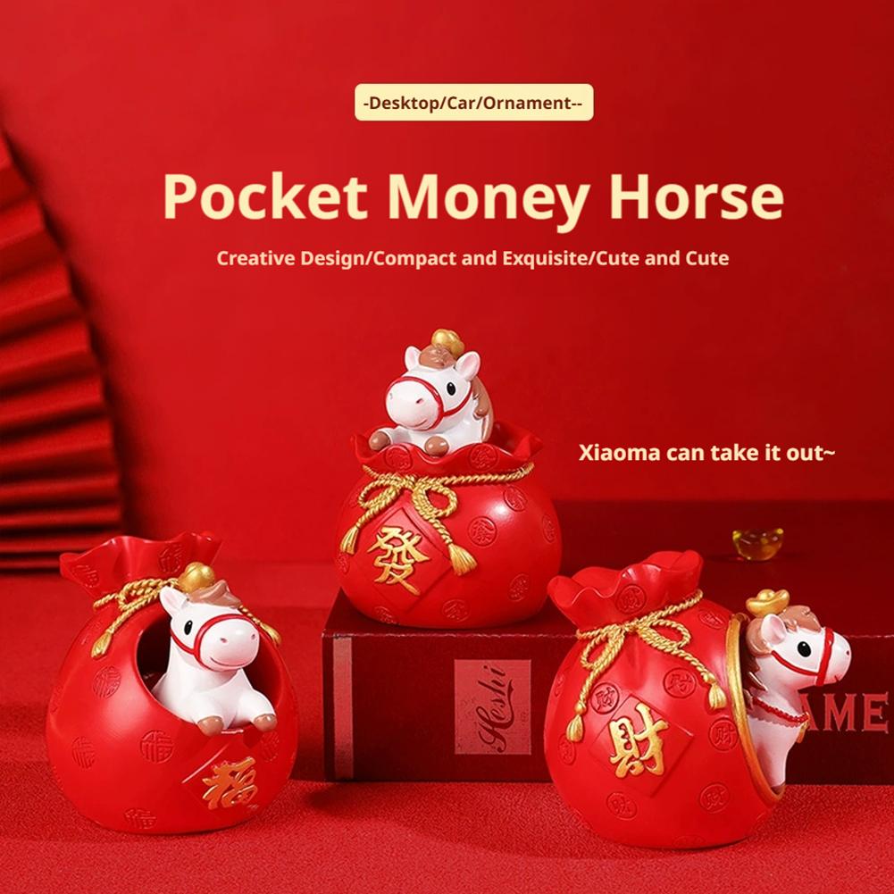 2026 Chinese Horse New Year Decor Red Envelope Resin Desktop Ornament Cute Lucky Horse Figurine Wealth Fortune Home Office Decor