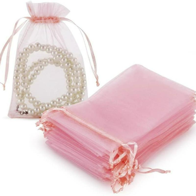 

100Pcs Pink Organza drawstring gift bag, suitable for weddings, jewelry and gift bags 100pcs