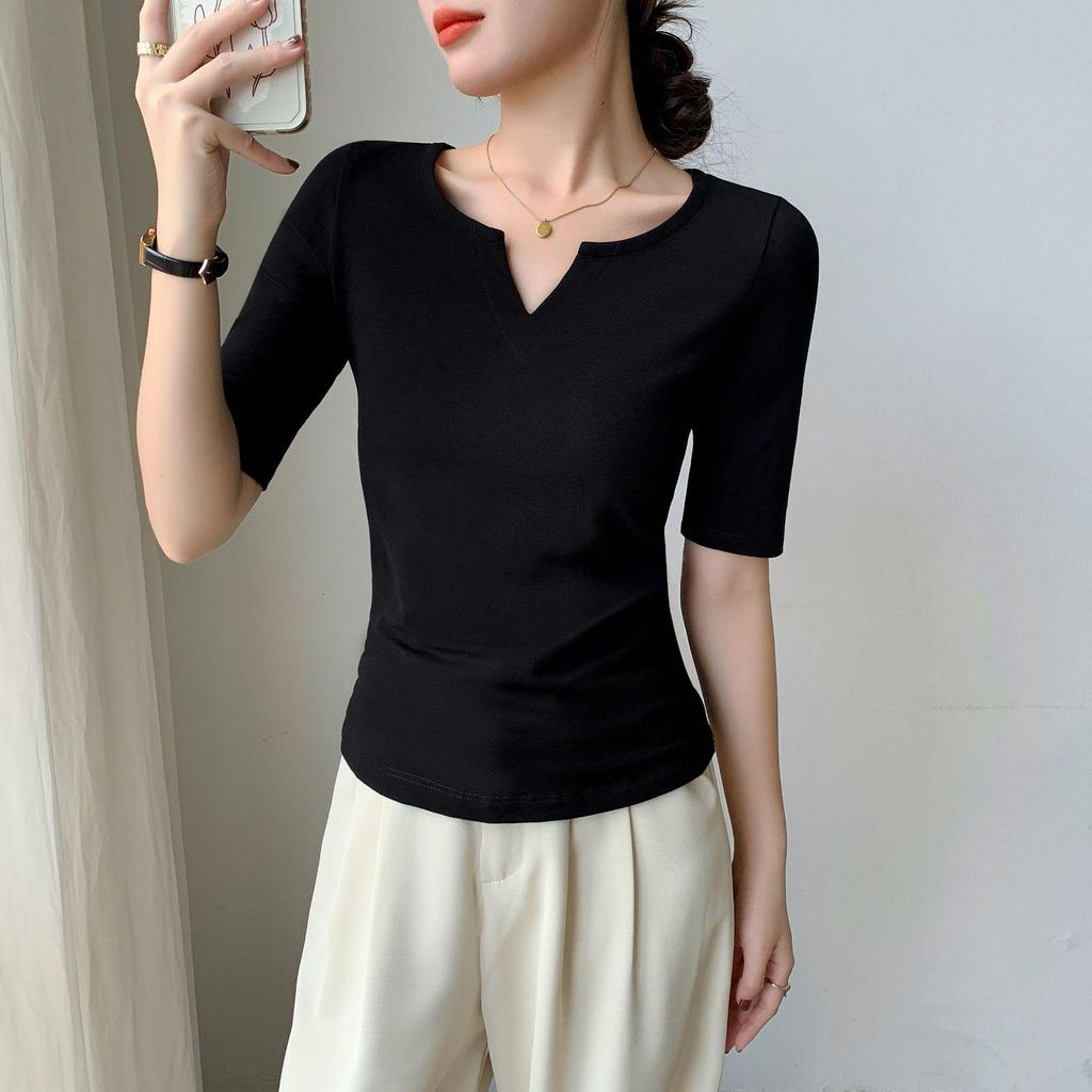 Women's Pure Cotton Slim Fit V-Neck Short Sleeve T-Shirt - Versatile for Spring, Autumn, and Winter