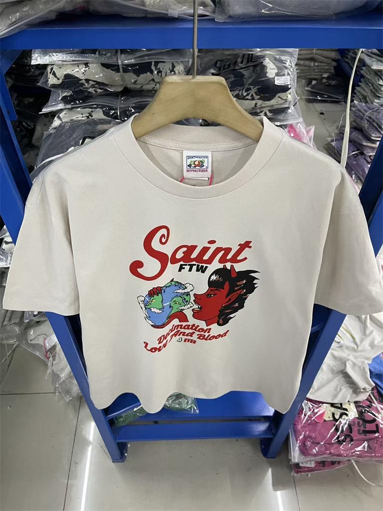 Saint of Michael New DEVIL Pattern Printed Washed Vintage High Street Casual Loose Cotton Versatile Tshirt MEN Tops