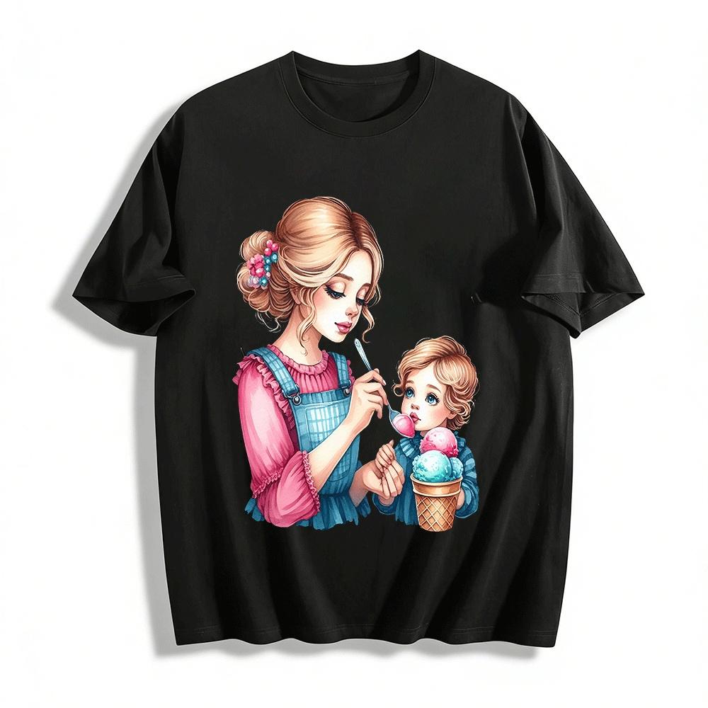 Warm Ice Cream Feeding Print Top Mother Daughter Casual Shirt Pure cotton T-shirt XXS