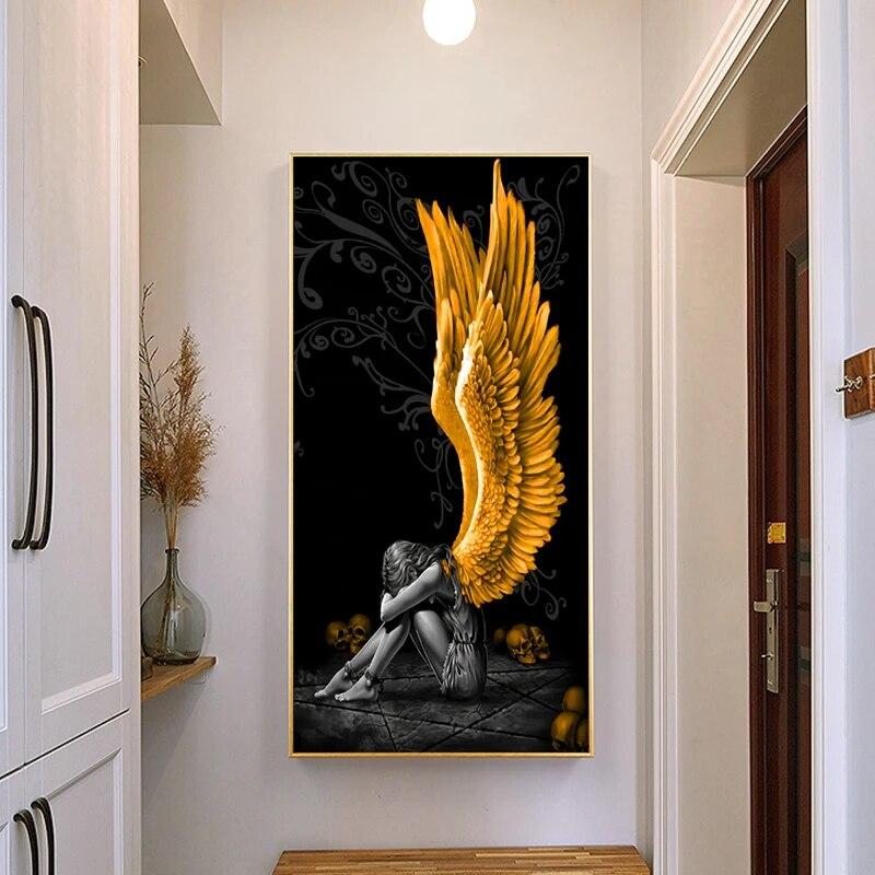 Devil and Angel Canvas Paintings Gray Character Wings Skull Posters and Prints Wall Art Pictures for Living Room Home Decoration No Frame