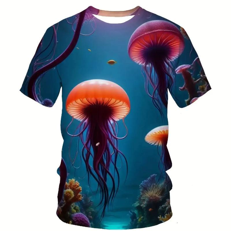 Men's 3D Colorful Jellyfish Coral Seabed Print T-Shirt Crew Neck Short Sleeve Ocean Summer Casual Beach Tee Top
