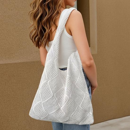Women Crochet Shoulder Bag Lightweight Solid Color Mesh Handbag Fashionable Beach Bag Daily Commuting