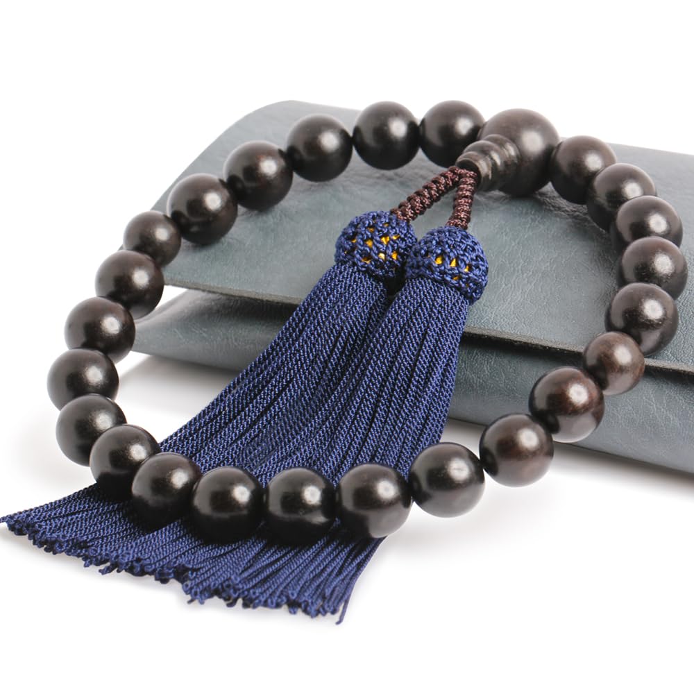 Enzen Nenjuya Men's Handmade Prayer Beads, 22 Beads, Striped Ebony, with Magnetic Prayer Bead Bag (Iron Navy Tassel), Black Tie, Mourning Badge,