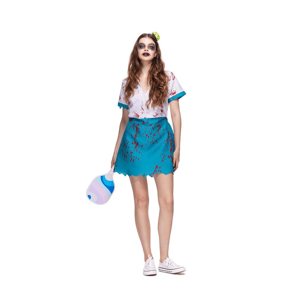 EraSpooky Adult Women Pickleball Costume Deadly Dink Zombie Player Dress with Half-Pickleball Hair Clip