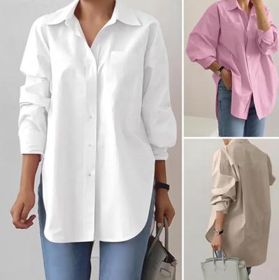 Damenmode Elegant Umlegekragen Langarm Locker Blusen für Damen Frühling Herbst Einfarbig Schlitz Büro Damenblusen Lässig Übergröße Hemd Tops