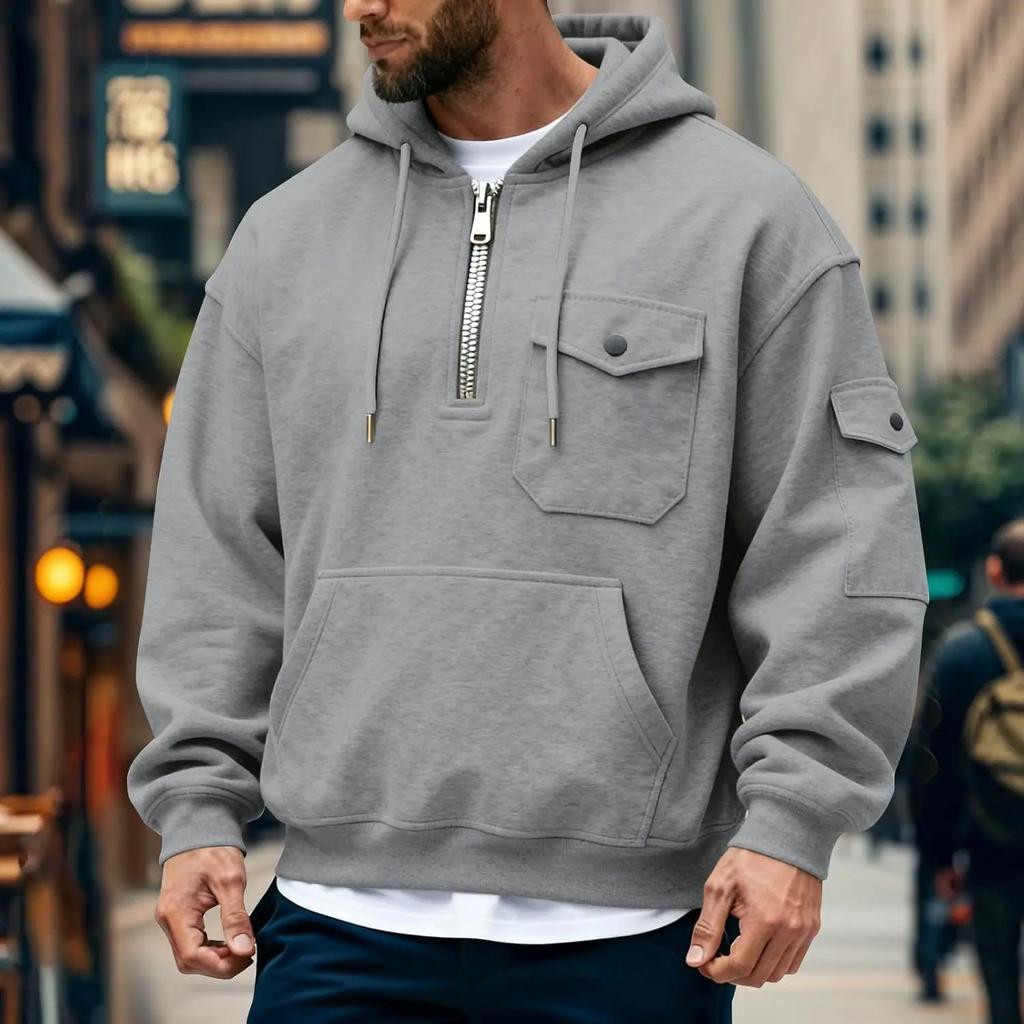 Men's Fleece Hooded Hoodies Long Sleeve Casual Sportswear with Multiple Pockets Autumn Winter Comfortable Sweatshirts