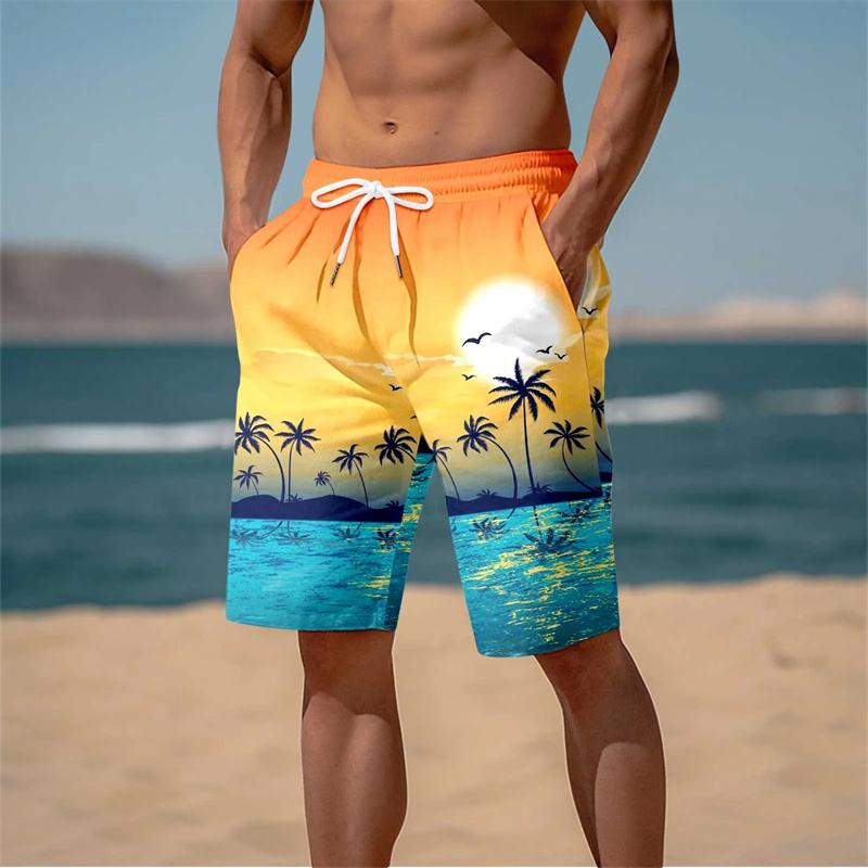 Men‘s’ Hawaiian Cool Swimming Trunks Summer New 3D Cocoanut Trees Printing Beach Shorts Palm Tree Shorts