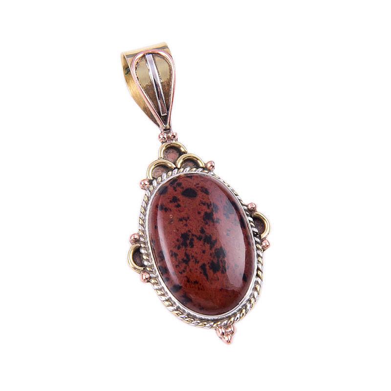 Natural Mahogany Obsidian Gemstone 925 Solid Silver Two Tone Pendant 1.50" a8A79