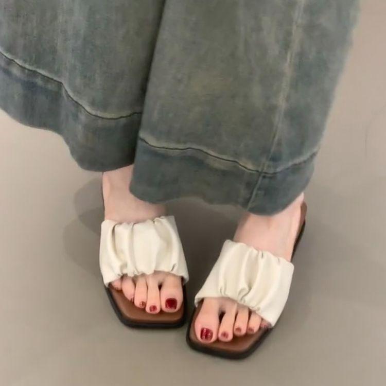 Beautiful temperament fairy style square head pleated open toes super versatile one-word slippers female slope heel soft bottom comfortable slippers