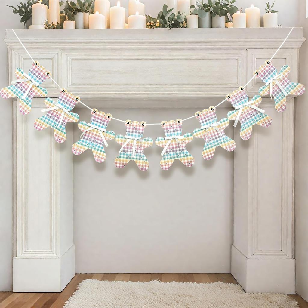 8Pcs Rainbow Gingham Bear Paper Bunting Garland, Colorful Gradient Plaid Bear Banner with Bowknot, Aesthetic Wall Decor for Picn