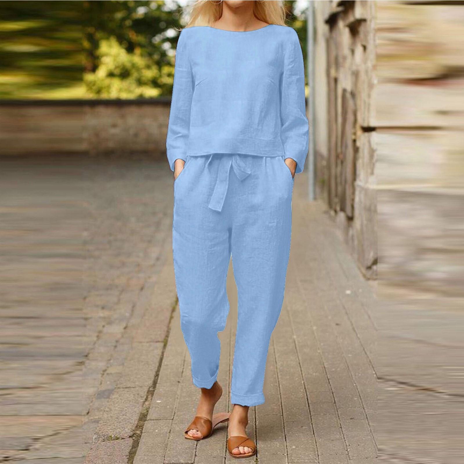 

Women s Summer 2 Piece Outfits Long Sleeve Button Top Wide Leg Pants Set Pockets S