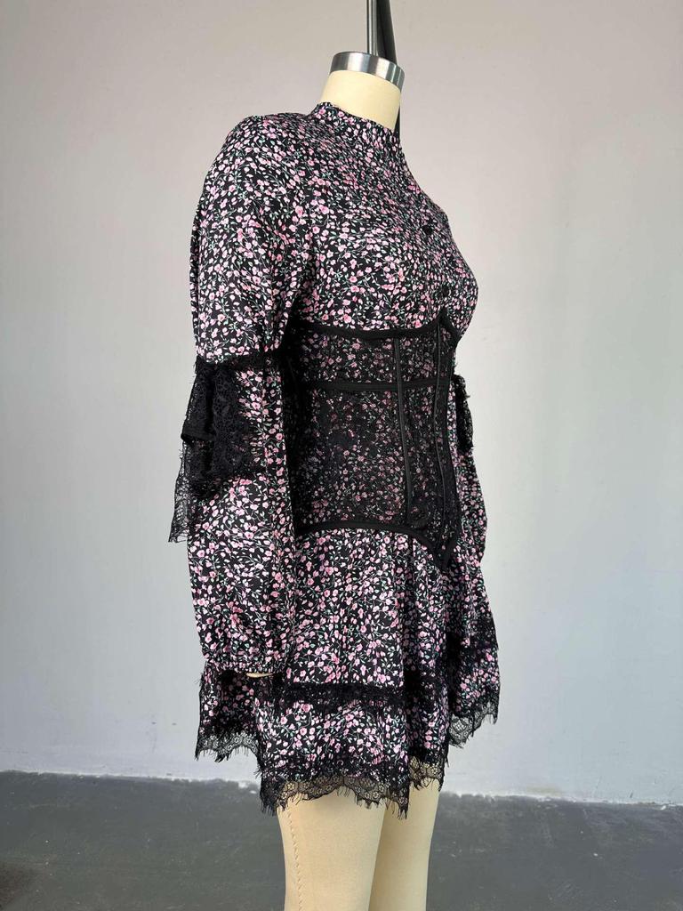 2024 Summer Sweet Print Waist-Cinching Long-Sleeve Lace Dress for Women
