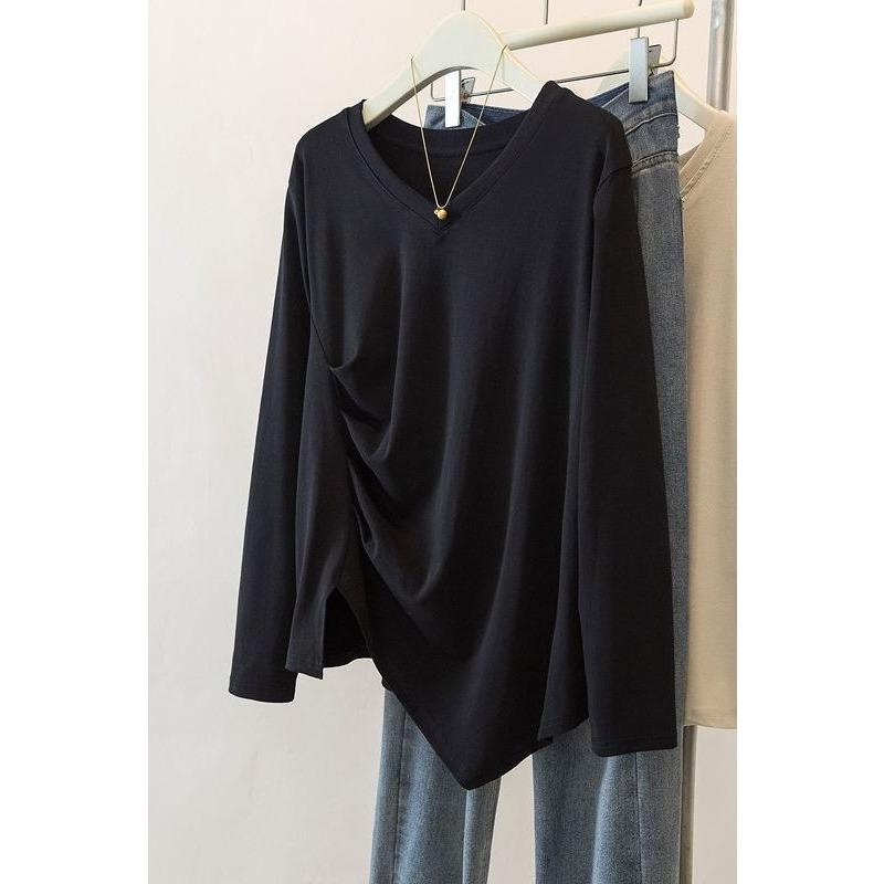 Spring Autumn Irregular V-neck Straight Shoulder Loose Mid-length Loose Casual and Versatile Base Long-sleeved Top for Women