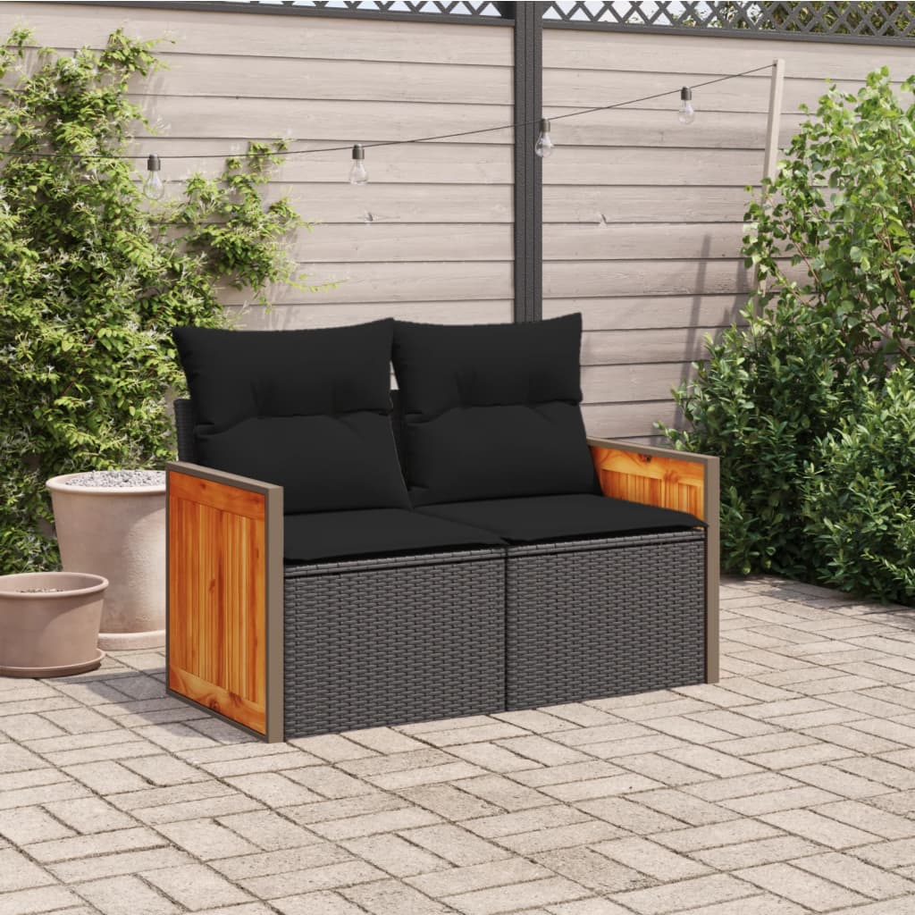 2 Seater Garden Sofa with Cushions Black Poly Rattan
