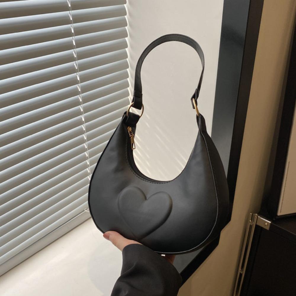 Solid Color PU Leather Shoulder Bag Love Heart Hobo Bag Portable Crescent Moon Underarm Bag  Girls