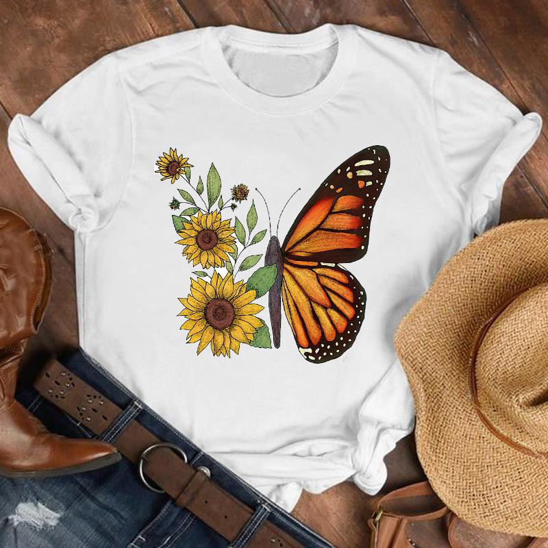 Women Summer T Shirt Trend Sunflower Print Retro Fashion Short Sleeve Tees Casual   Printed  Tops