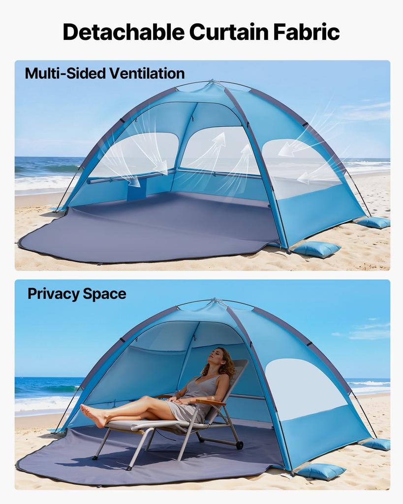 VEVOR Beach Tent Sun Shelter for 3 Person, UPF 50+ Protection, Portable Sun Shade Canopy with Carrying Bag & Sand Pockets