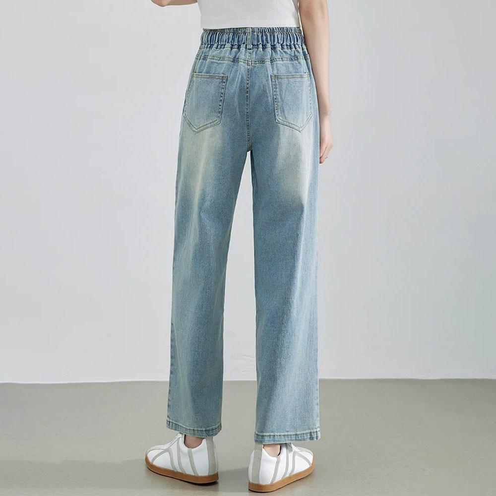 Summer Denim Jeans Women High Elastic Waist Drawstring Bleached Wide Leg Blue Jean Pants Streetwear Denim Trousers