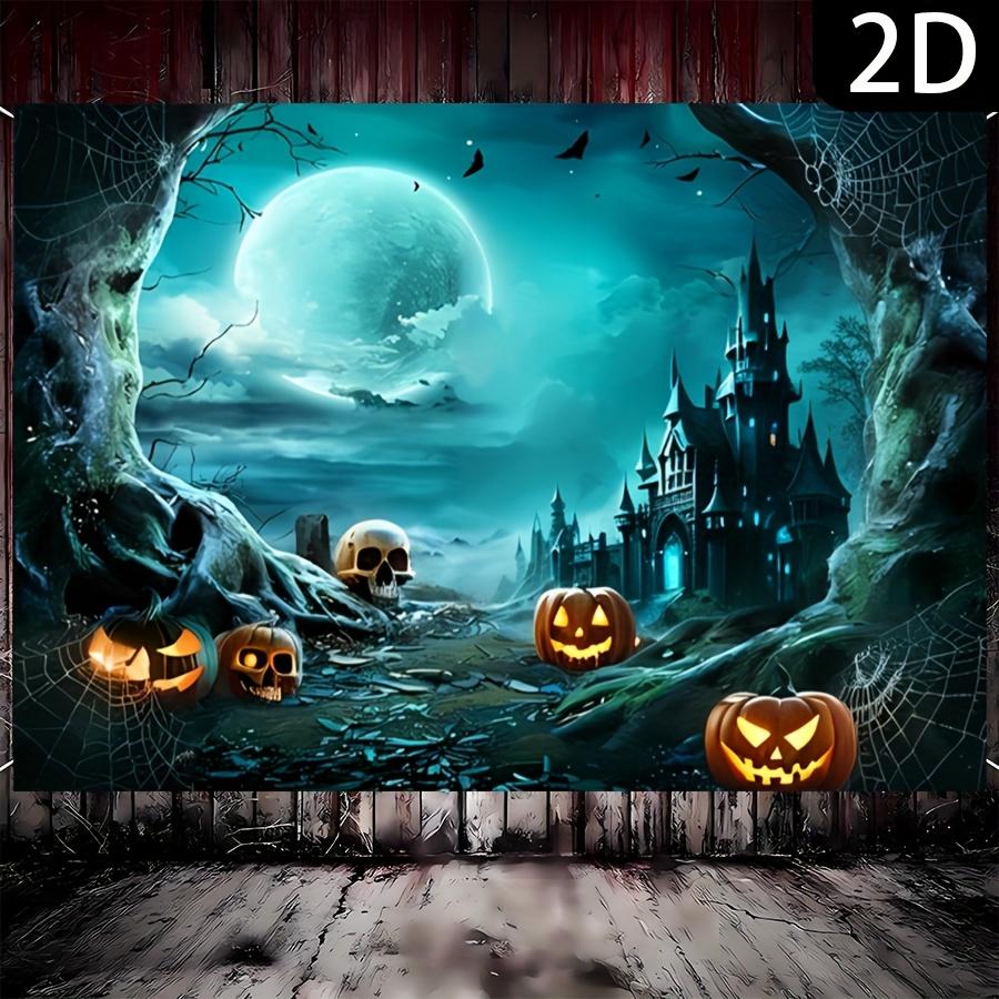 1pc 2D Flat Halloween Decoration Banner - Horror Cemetery Pumpkin Scene Background Cloth, with Ghost castle.PMJ