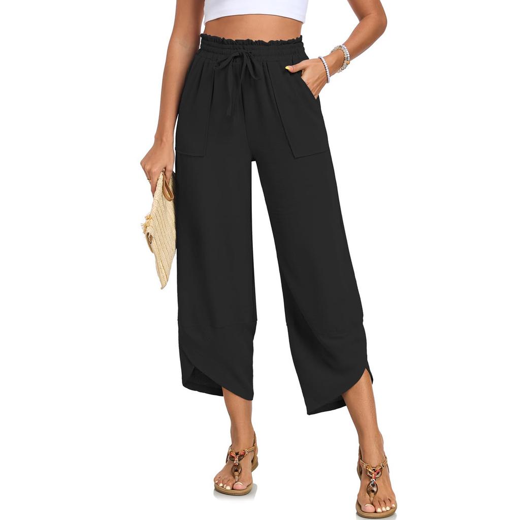 Damen Elastische Hose mit Hohem Bund Lässige Passform Weites Bein Lange Hose Hose mit Taschen
