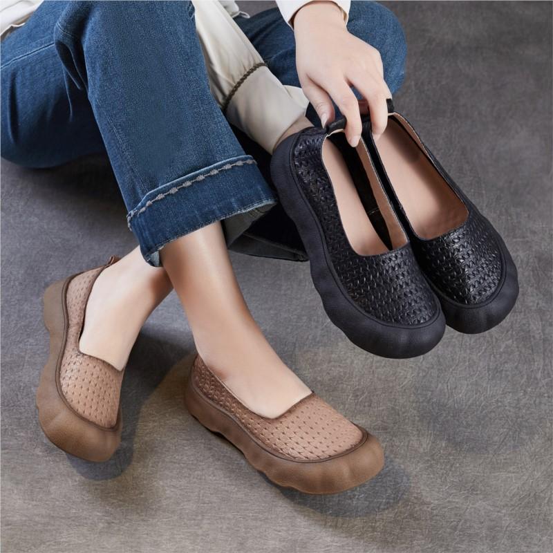 Johnature Genuine Leather Woven Retro Soft Soled Loafers Comfortable Shallow Women's Slip-on Shoes