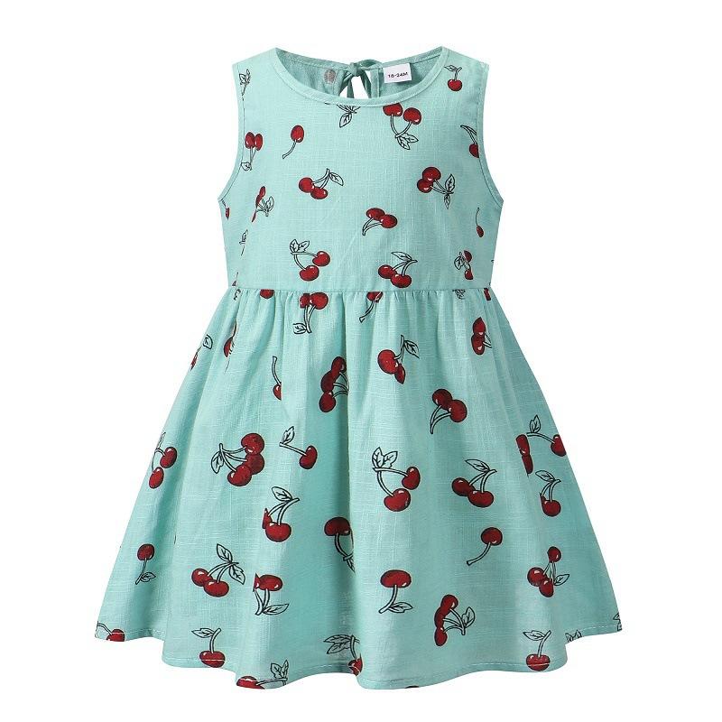 Summer Girls Cotton Linen Strawberry Print Dress Baby Breathable Casual Sundress For Toddler Kids 120cm