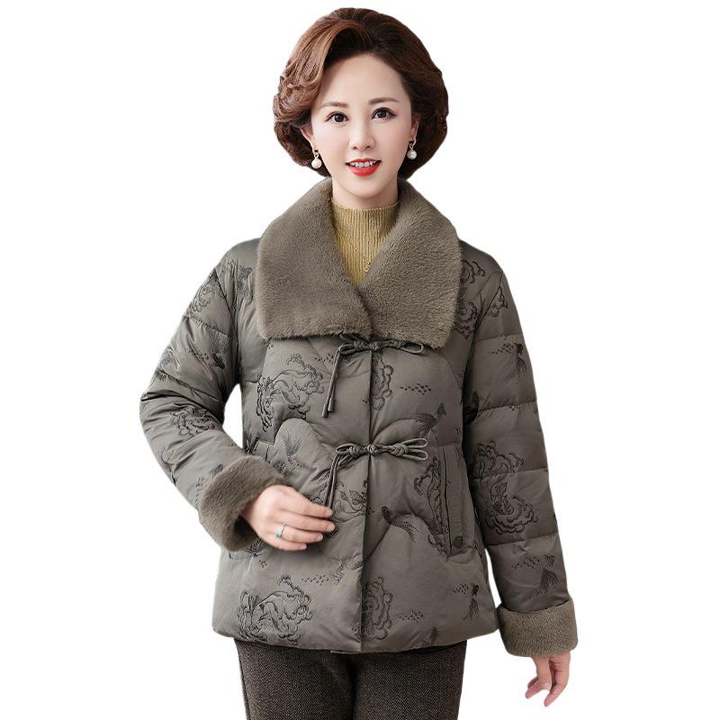 Plus Size Winter Down Coat for Mature Women - Elegant Chinese Style with Embroidery and Frog Buttons