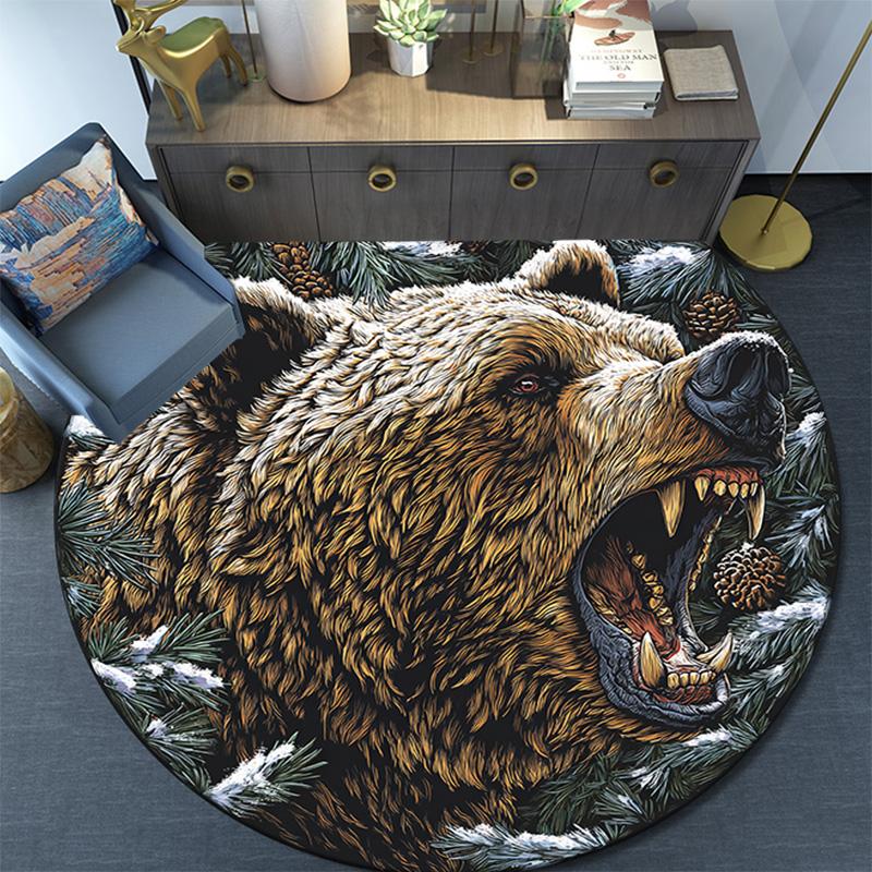 Grizzly Bear Round Area Rug,Carpet Rug for Living Room Bedroom Sofa Playroom Decor,Non-slip Floor Mat