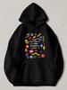 Black Pullover Hoodie with Colorful Insect & Flower Graphic Features Quote 'The World Is Cruel Therefore I Won't Be' Casual Street
