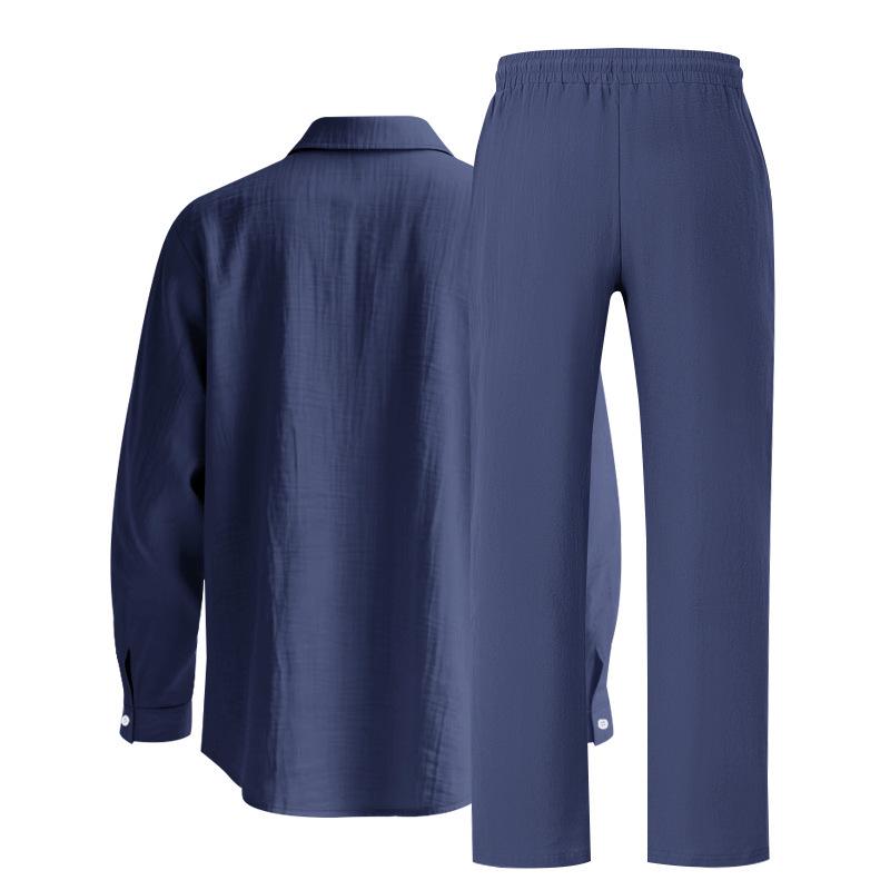 Europäischer & Amerikanischer Leinen Herbst Herren Freizeitanzug: Hemd mit lockerem Revers & Langarm-Strandhose