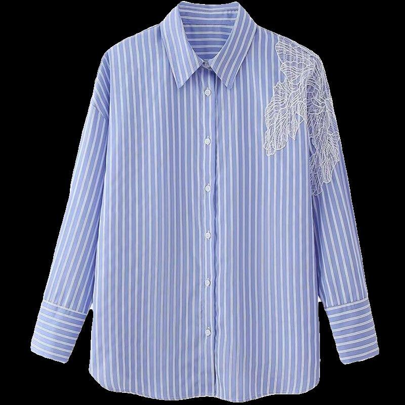 Fashion Style 2024 Spring New Arrival Women's Clothing Embroider Flower Decoration Stripes Shirt 2276566 044
