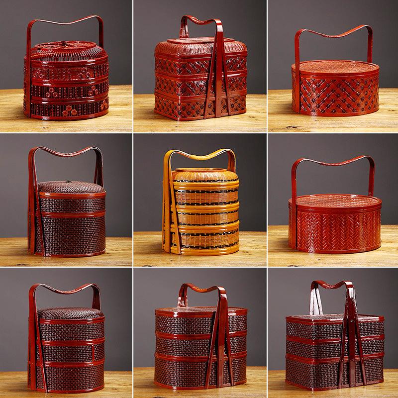 

Ретро Красная Бамбуковая Корзина для Подарков на Свадьбу с Лунными Пряниками - Плетеная Вручную Коробка для Хранения Round Single Layer Red Fruit Tray