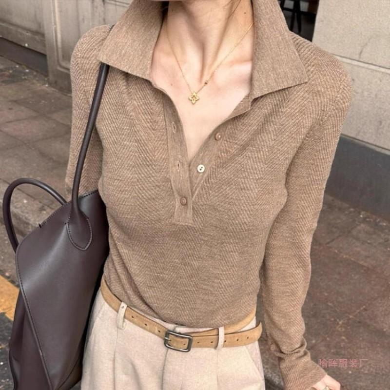 Minimalist Old Money Style Polo Neck Knit Sweater Womens Slim Fit Wool Blend Pullover Top