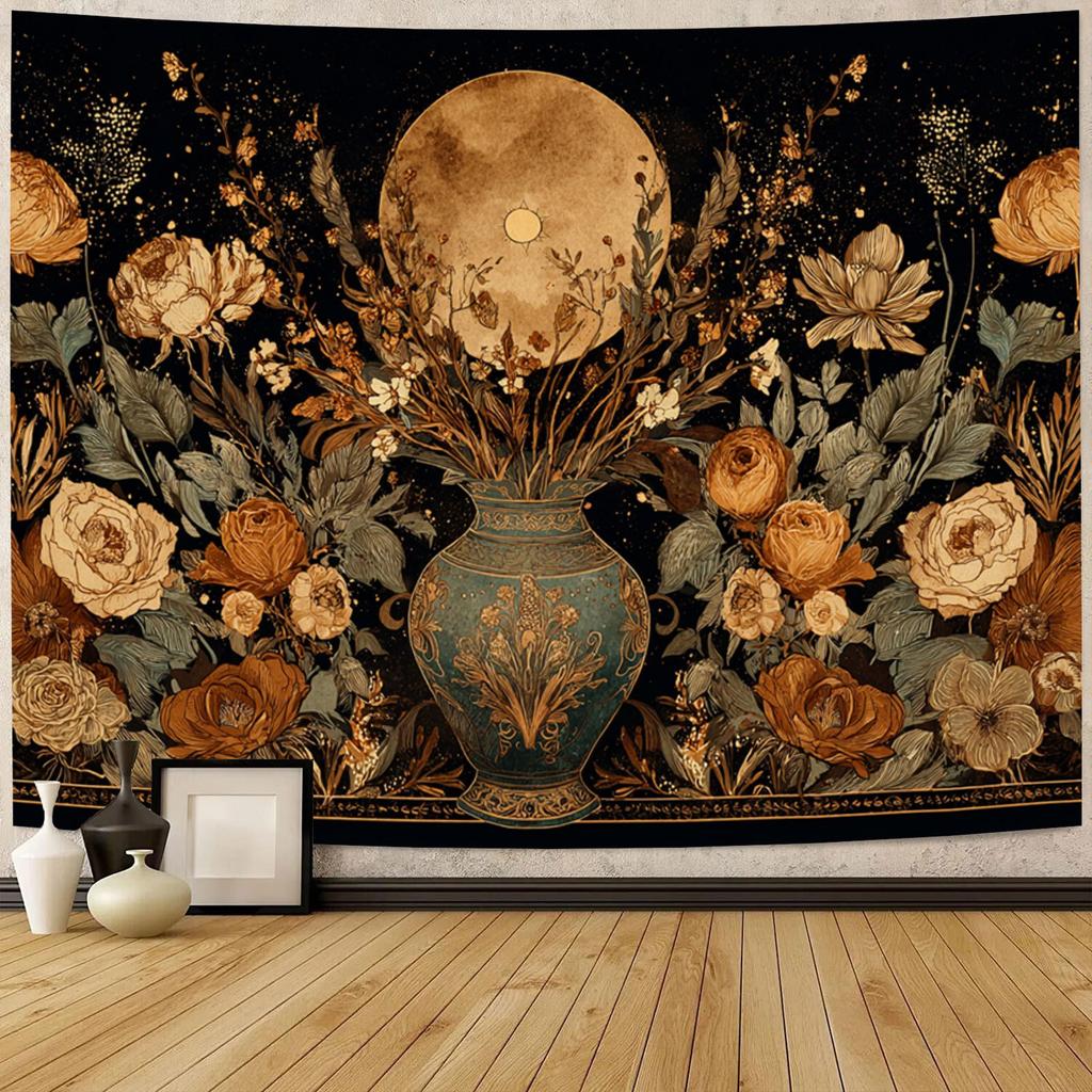 A Tapestry Wall Hanging Featuring The Beauty of Flowers Reflected in a Moonlit Vase, Made of Lightweight Polyester Fiber, Suitable for Decorating Bedr