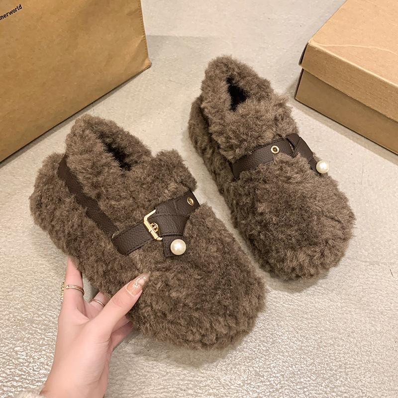 Dicksohlige flauschige Schuhe für Damen zum Ausgehen 2025 Herbst und Winter neue Zehentrenner mit Samt zum Warmhalten INS Zuhause Baumwollpantoffeln