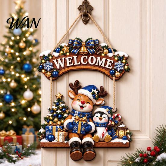 Festive Room Decoration for Holiday Wooden Christmas Welcome Sign, Front Door Hanging Rustic Gift Friends And Family Wall Decor with Elk/Santa