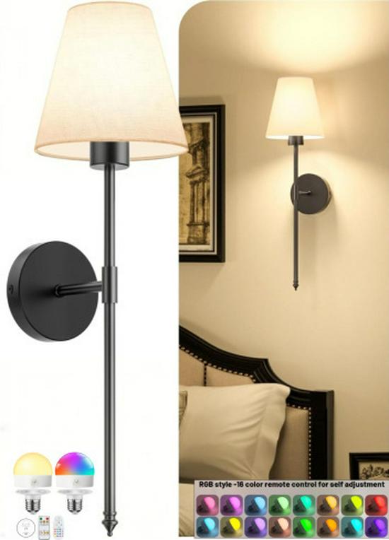 American-Style Wireless RGB Wall Lamp with Remote Control and Fabric Shade for Bedside, Living Room, or Stairwell