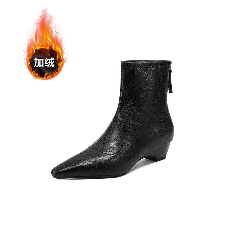 Autumn and winter small square pointed head simple temperament short boots women, pointed head comfortable medium thick heel thin velvet boots
