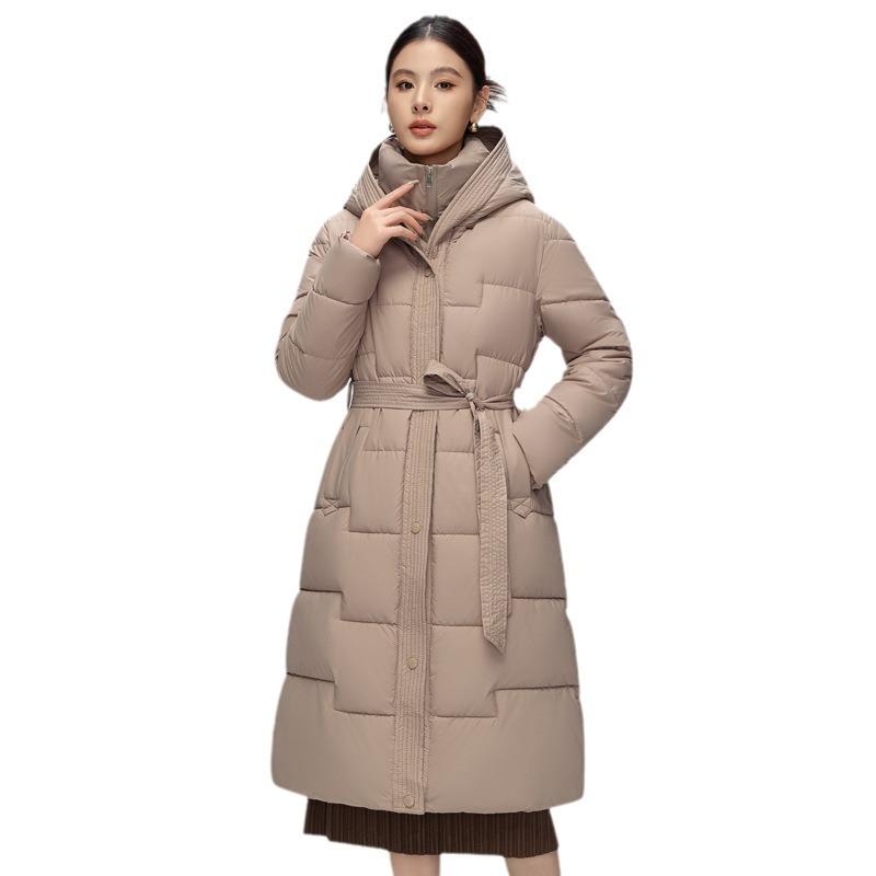 Casaco Feminino de Inverno com Capuz, Algodão e Penas, Novo, High-end, Slim-fit, Longo até o Joelho, Quente, Moderno