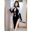 Summer Sexy Black Gauze Splicing Backless High Slit Cheongsam Style Deep V-shaped Hollow Out Lace Goose Down Dress Elegant VGZG